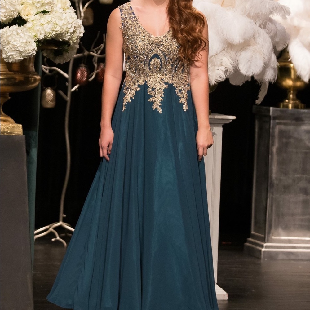 Elizabeth K by GLS Teal Green with Gold PROM DRESS